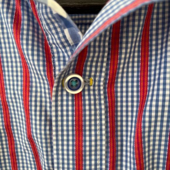 Robert Graham Blue Red Stripe Contrasting Cuffs Button Down Dress Shirt - Picture 6 of 14